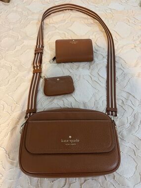 kate spade brown pebble leather crossbody with striped strap and pouch set